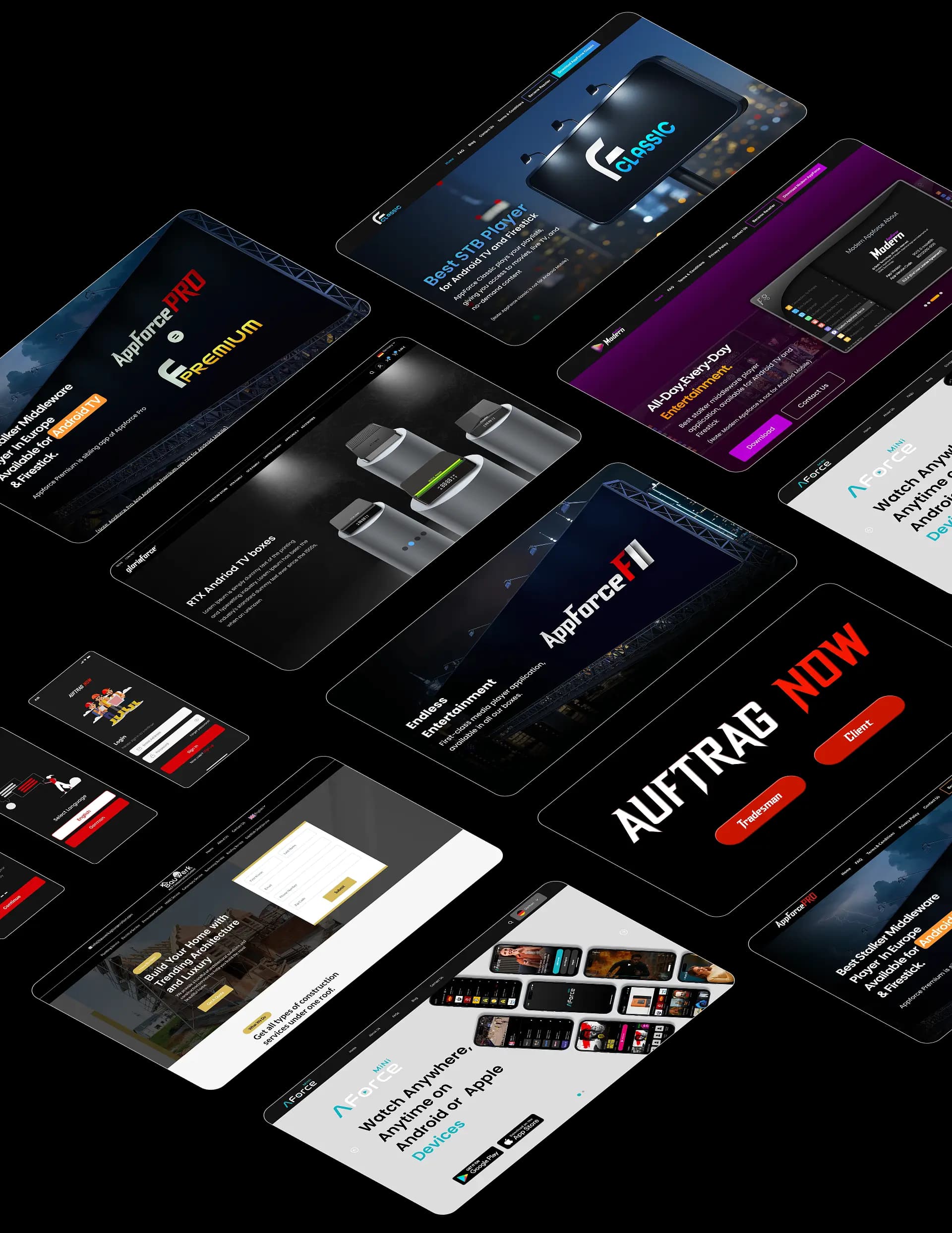Custom Digital Solution Company showcasing an application portfolio featuring media platforms, streaming systems, and mobile interfaces.