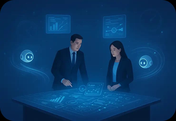 Bir CRM kontrol panelinde müşteri verilerini ve analizlerini inceleyen iş ekibi